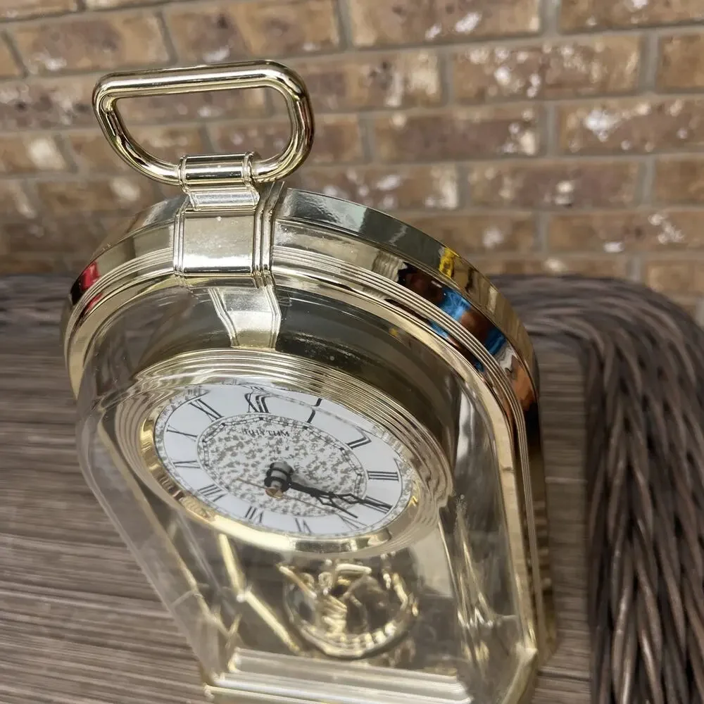 Rhythm Anniversary Mantel Clock Gold Rotating Pendulum Fully Working